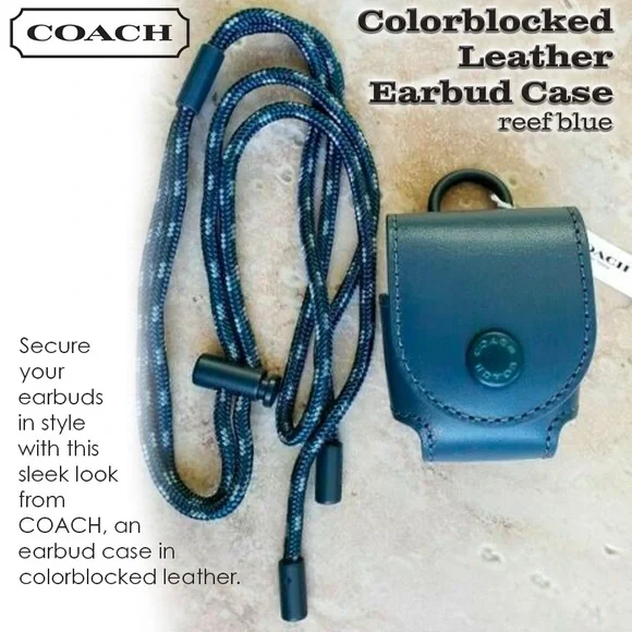 Coach Reef Blue Leather 𝐍𝐖𝐓 Earbud Case with Lanyard strap - Picture 1 of 9